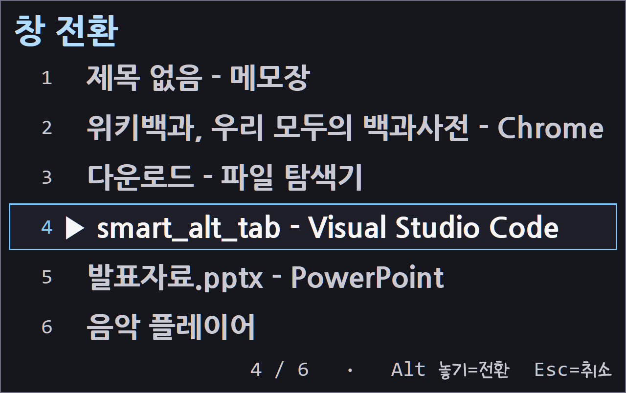 smart-alt-tab switcher: open windows listed in white large text on a dark background, the selected item highlighted with a blue border and a triangle marker